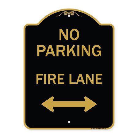 No Parking Fire Lane With Bidirectional Arrow, Black & Gold Aluminum Architectural Sign